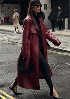 Women's Long PU Leather Jacket | Polo Collar Lace Detail Coat