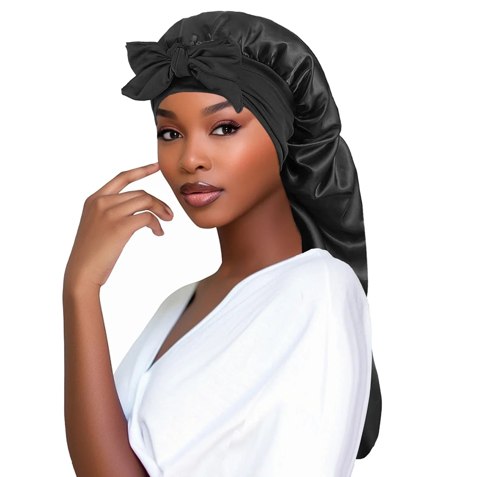 Women satin sleeping bonnet with long tail braid, ideal for night hair protection, shower, sauna, and bathing by Plush Fashion Hub.
