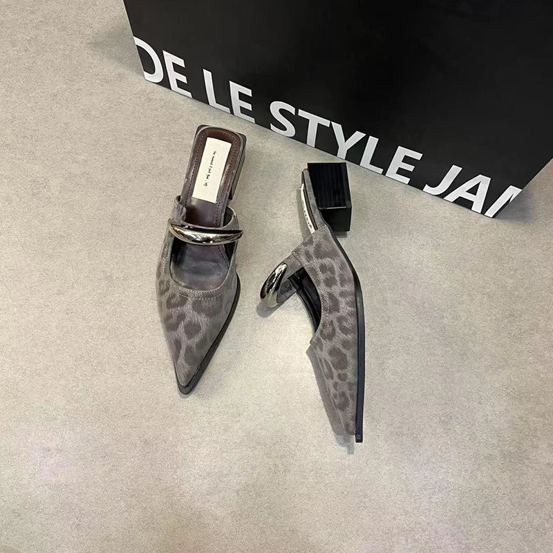 Summer women’s slip-on mules by Plush Fashion Hub with metal decoration, thick heel, and comfortable slide design for street style footwear.