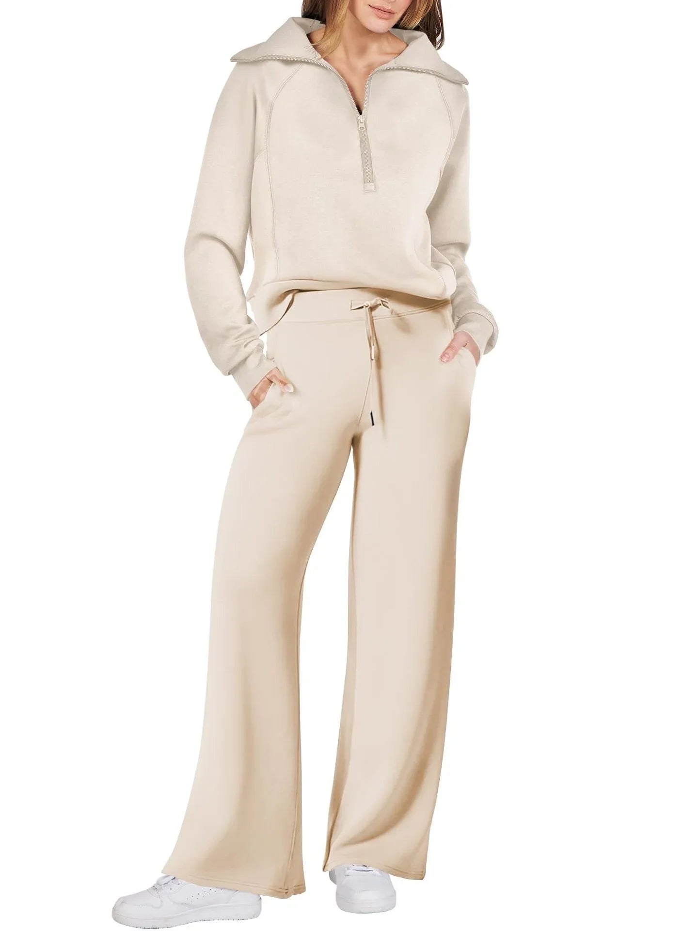 Women’s sweatshirt and wide-leg pants two-piece set by Plush Fashion Hub, casual loungewear with comfortable fit.