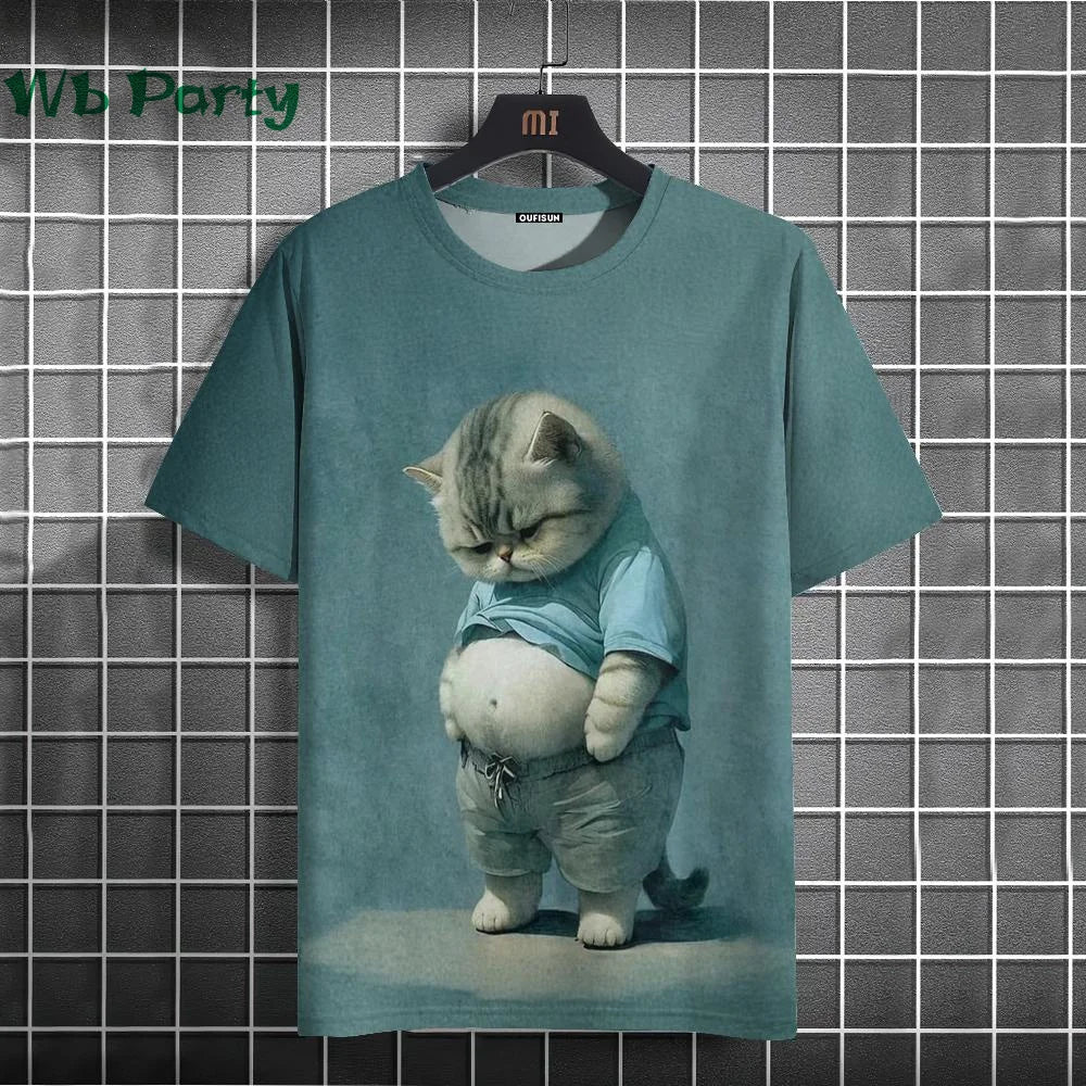 Y2K cat print graphic T-shirt in streetwear style by Plush Fashion Hub, featuring colorful feline design on soft fabric.