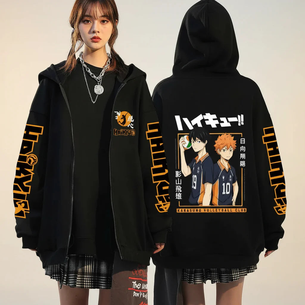 Unisex Haikyuu!! Karasuno High School zip-up hoodie by FitiqueFit featuring anime streetwear style and school logo design.
