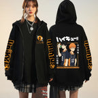 Unisex Haikyuu!! Karasuno High School zip-up hoodie by FitiqueFit featuring anime streetwear style and school logo design.