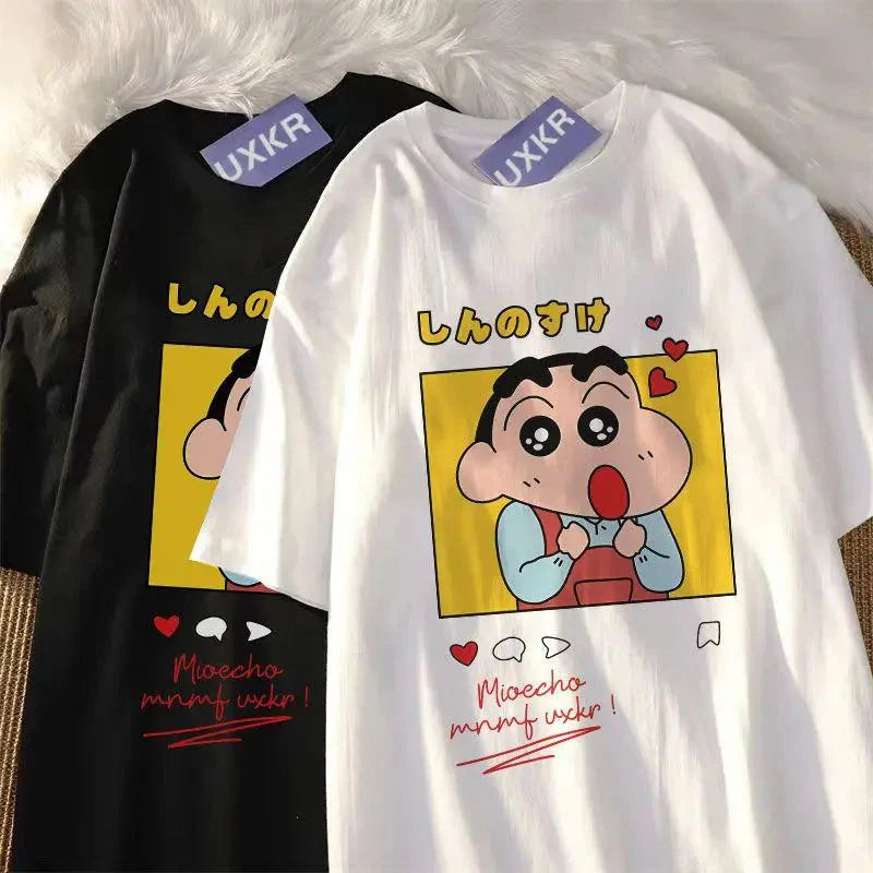 Crayon Shin-chan "Beloved Woman" cotton T-shirt by FitiqueFit featuring playful anime streetwear design, displayed flat on a white background.