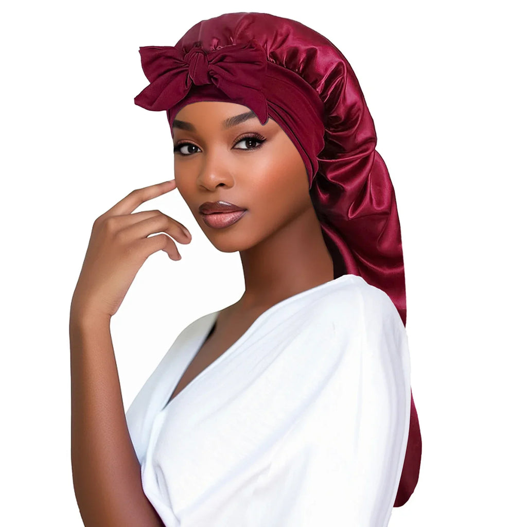 Plush Fashion Hub satin women's sleeping bonnet with long tail braid hair cover, ideal for sleep, shower, and sauna use.