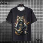 Samurai Cat graphic T-shirt on FitiqueFit streetwear, featuring Japanese style 3D print design for men's casual wear.