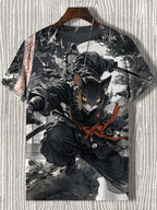 Streetwear men's Samurai Cat graphic T-shirt with Japanese style 3D print by FitiqueFit, featuring bold samurai cat design.