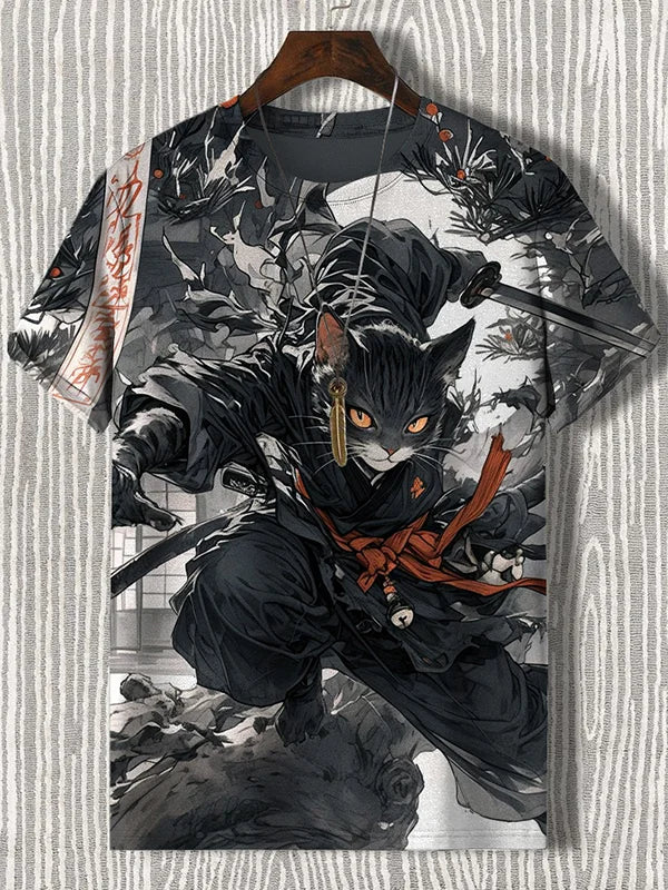 Streetwear men's Samurai Cat graphic T-shirt with Japanese style 3D print by FitiqueFit, featuring bold samurai cat design.