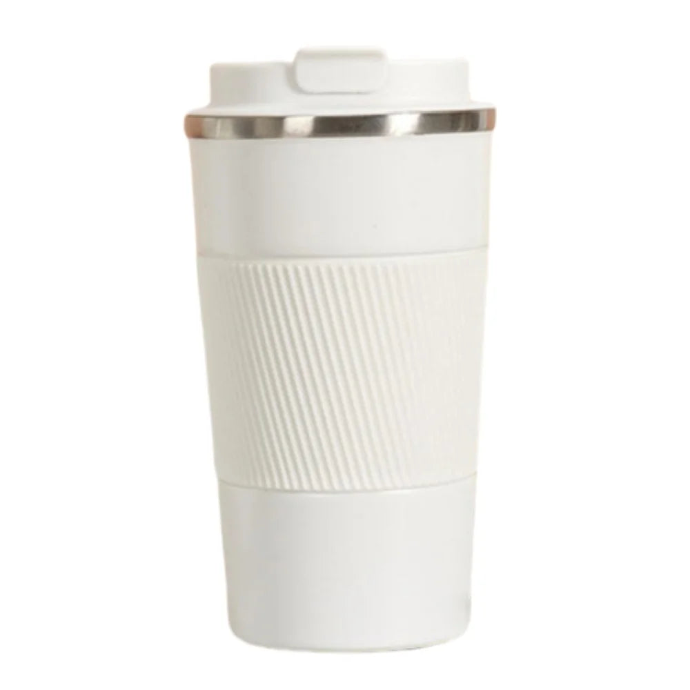 Stainless steel insulated travel mug with double-layer design, leak-proof lid, ideal for sports and outdoor use.
