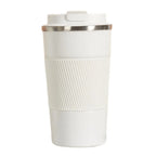 Stainless steel insulated travel mug with double-layer design, leak-proof lid, ideal for sports and outdoor use.