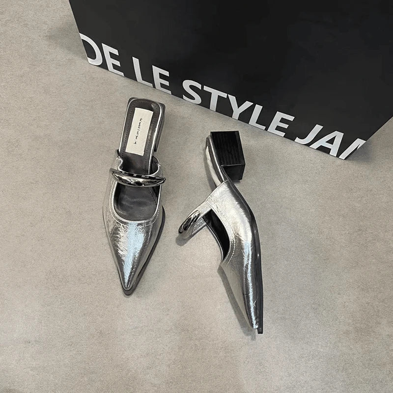 Summer women’s slip-on mules by LadyShow featuring metal decoration, thick heel, comfortable slide shoes for street style footwear.