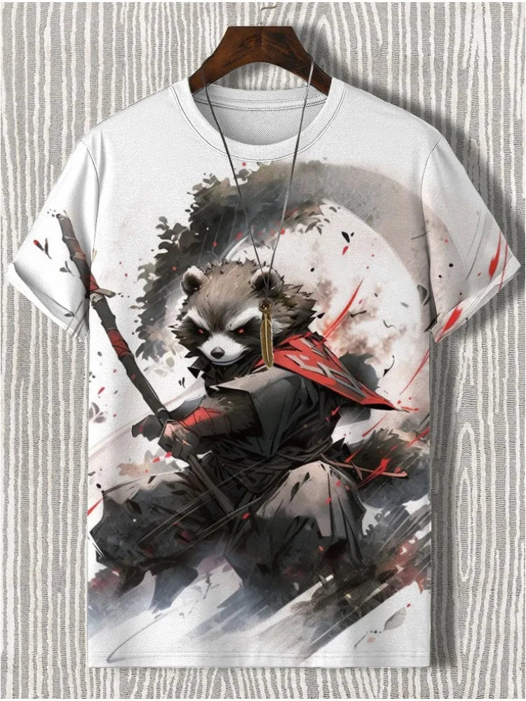 Samurai Cat graphic T-shirt by FitiqueFit featuring Japanese-style 3D print, men's streetwear tee with bold cat and samurai design.