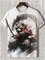 Samurai Cat graphic T-shirt by FitiqueFit featuring Japanese-style 3D print, men's streetwear tee with bold cat and samurai design.