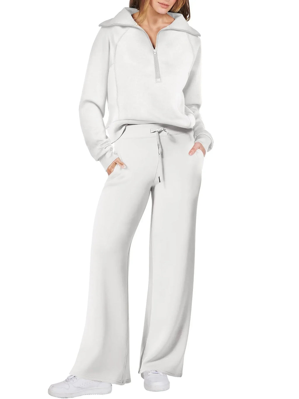 Women two-piece sweatshirt and wide-leg pants set by Plush Fashion Hub, shown in a comfortable, casual style.