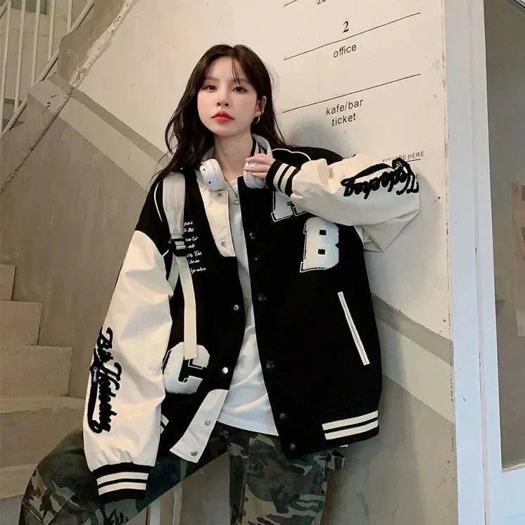 Oversized Y2K Lamb-Wool Bomber Jacket for women, streetwear style by FitiqueFit, featuring a cozy, plush wool texture.