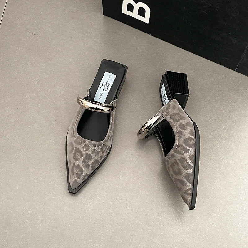 Summer women's cover toe mules by Plush Fashion Hub, metal decoration, thick heel slide slippers for street style comfort.