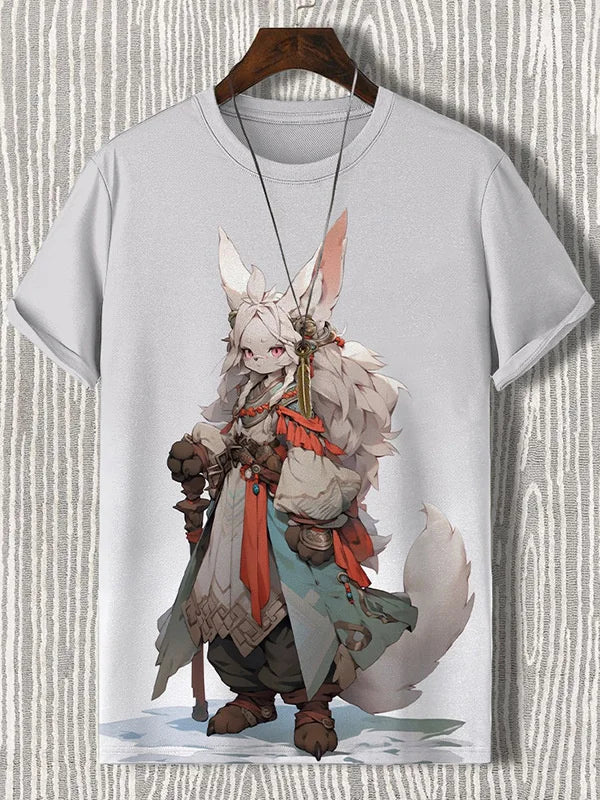 Samurai Cat graphic T-shirt by FitiqueFit with Japanese-style 3D print, men's streetwear tee, featuring a bold cat design.