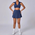 FitiqueFit seamless tennis skirt set with quick-dry activewear fabric, shown in a stylish workout outfit for tennis or exercise.