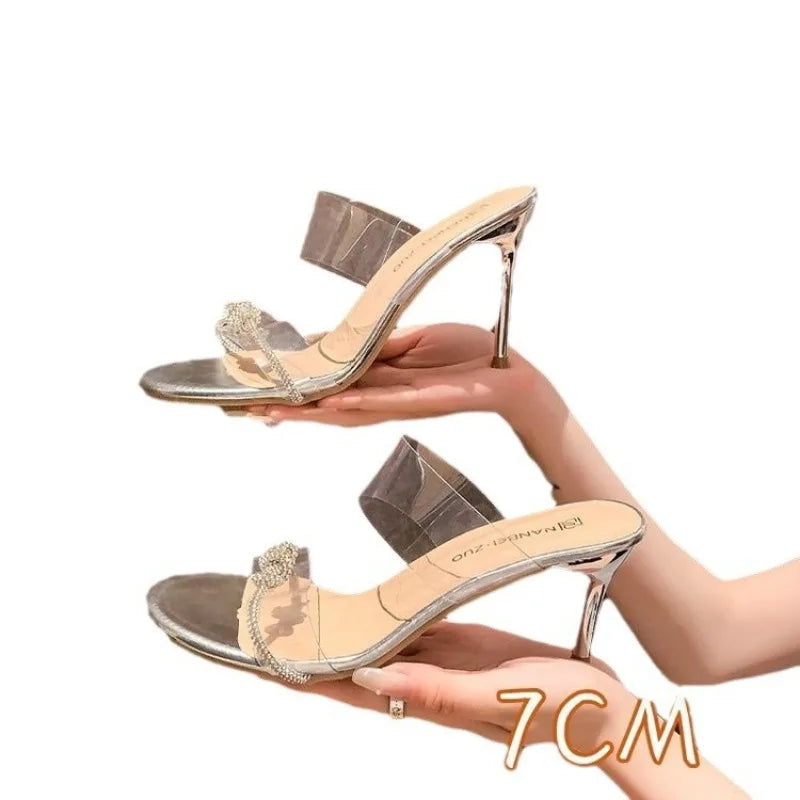 Women crystal gladiator sandals with ankle strap, high heels, hollow out design, closed toe stilettos, stylish party shoes from LadyShow.