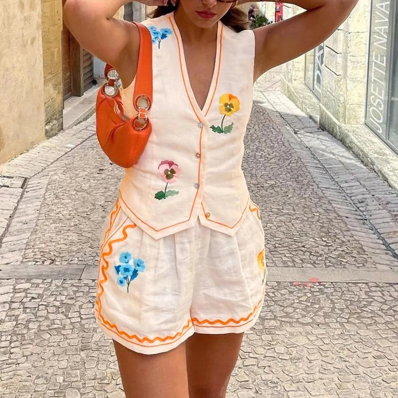 Vintage floral embroidered 2-piece summer casualwear set by Plush Fashion Hub, featuring a floral top and matching skirt.