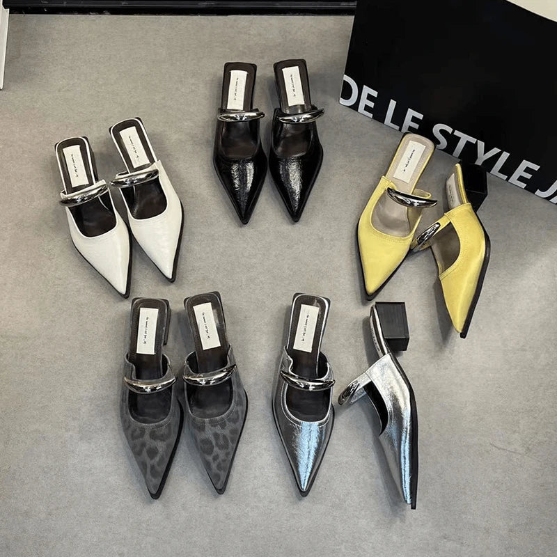 Plush Fashion Hub women's summer slide shoes with metal decor, thick heels, and comfortable street style footwear.