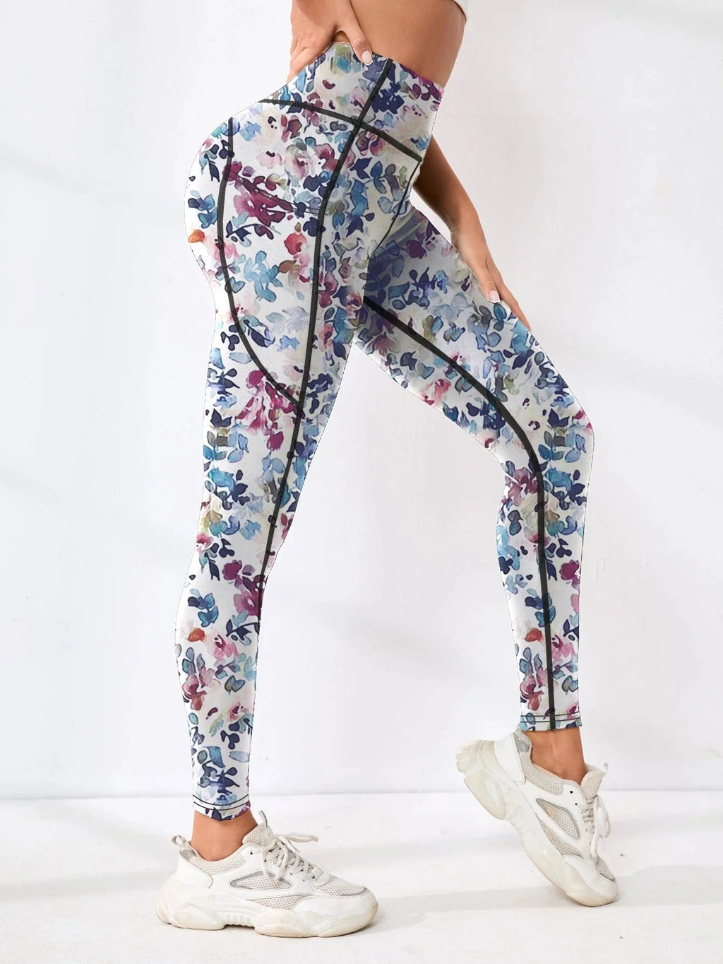 Printed high-waist pocket leggings for women by FitiqueFit, featuring a stylish design and functional pockets for active wear.