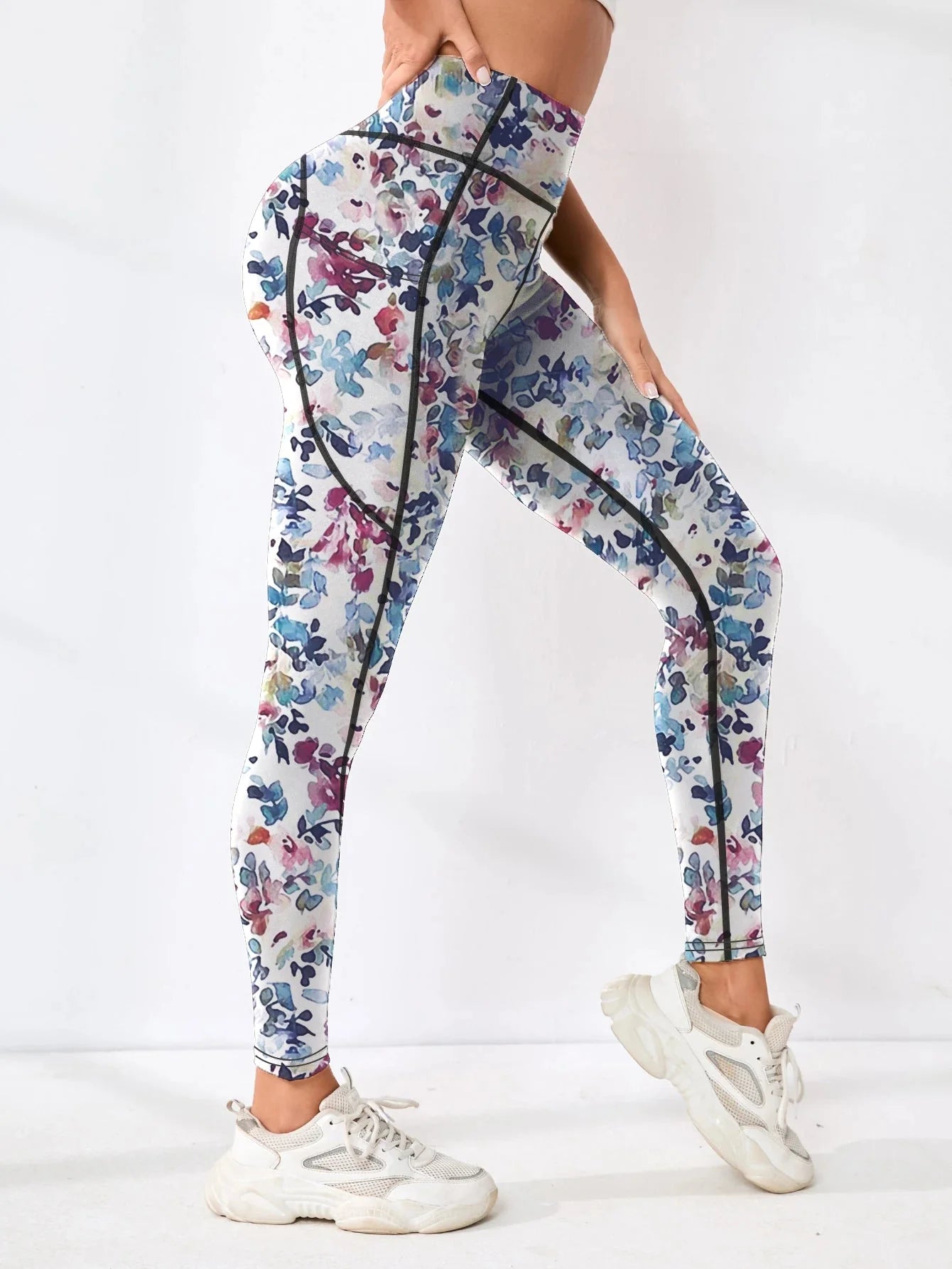 Printed high-waist pocket leggings for women by FitiqueFit, featuring a stylish design and functional pockets for active wear.