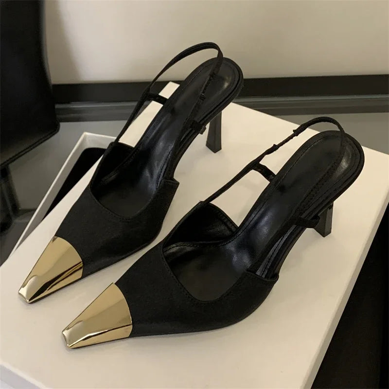 LadyShow Street Style pointed toe women pumps with slingback design, thin high heels, elegant stripper prom sandals.