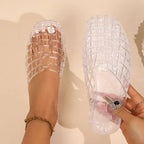 Summer ladies' jelly sandals with flat bottoms, crystal accents, breathable plastic material, slip-on beach slippers from LadyShow.Store