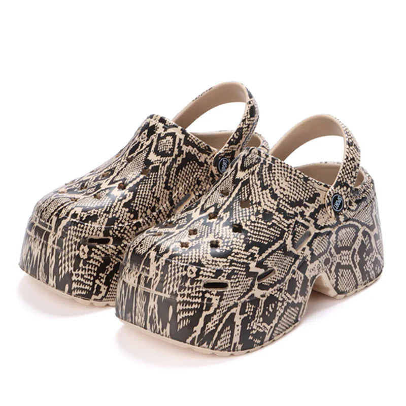 Leopard print thick-bottom clogs for women with closed toes, chunky platform heel, summer 2023 wedge slippers, LadyShow.Store.