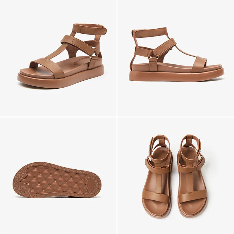 BeauToday women's summer gladiator sandals with calfskin leather, open toe, T-strap, hook-and-loop closure, handmade summer shoes