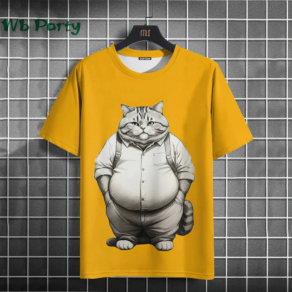 Cat print Y2K graphic T-shirt from Plush Fashion Hub, featuring colorful streetwear style with a playful cat design.