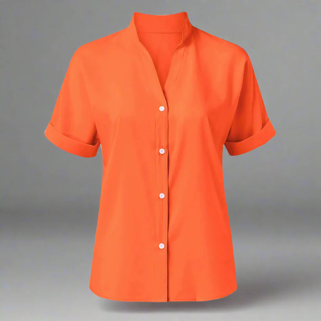 Light pink satin V-neck short sleeve shirt for women, casualwear from Plush Fashion Hub featuring an elegant, relaxed fit.