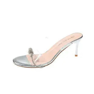 Plush Fashion Hub women's crystal gladiator sandals with ankle strap, high heels, hollow-out design, closed toe, and stiletto heel.