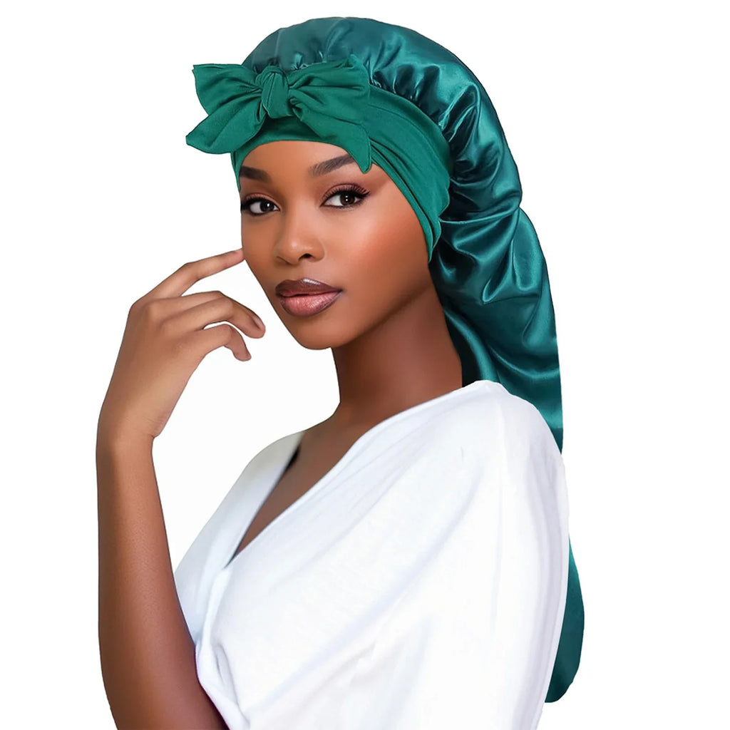Plush Fashion Hub satin women's bonnet with long tail braid hair sleep cap, ideal for night, shower, sauna, and bathing.