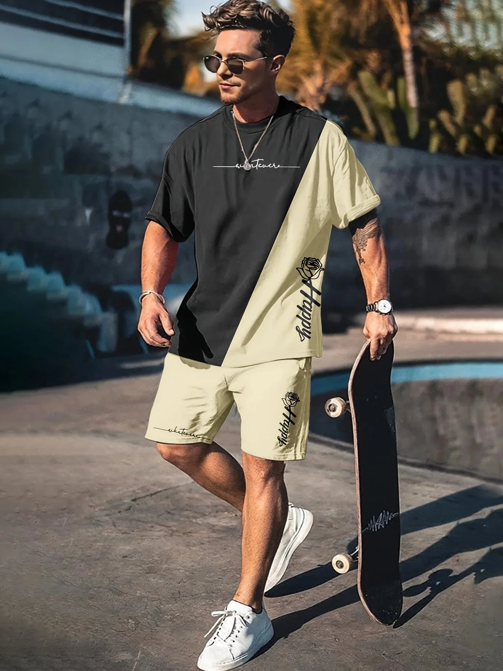 Summer men's streetwear 3D printed 2-piece set by Plush Fashion Hub featuring urban style and modern design.