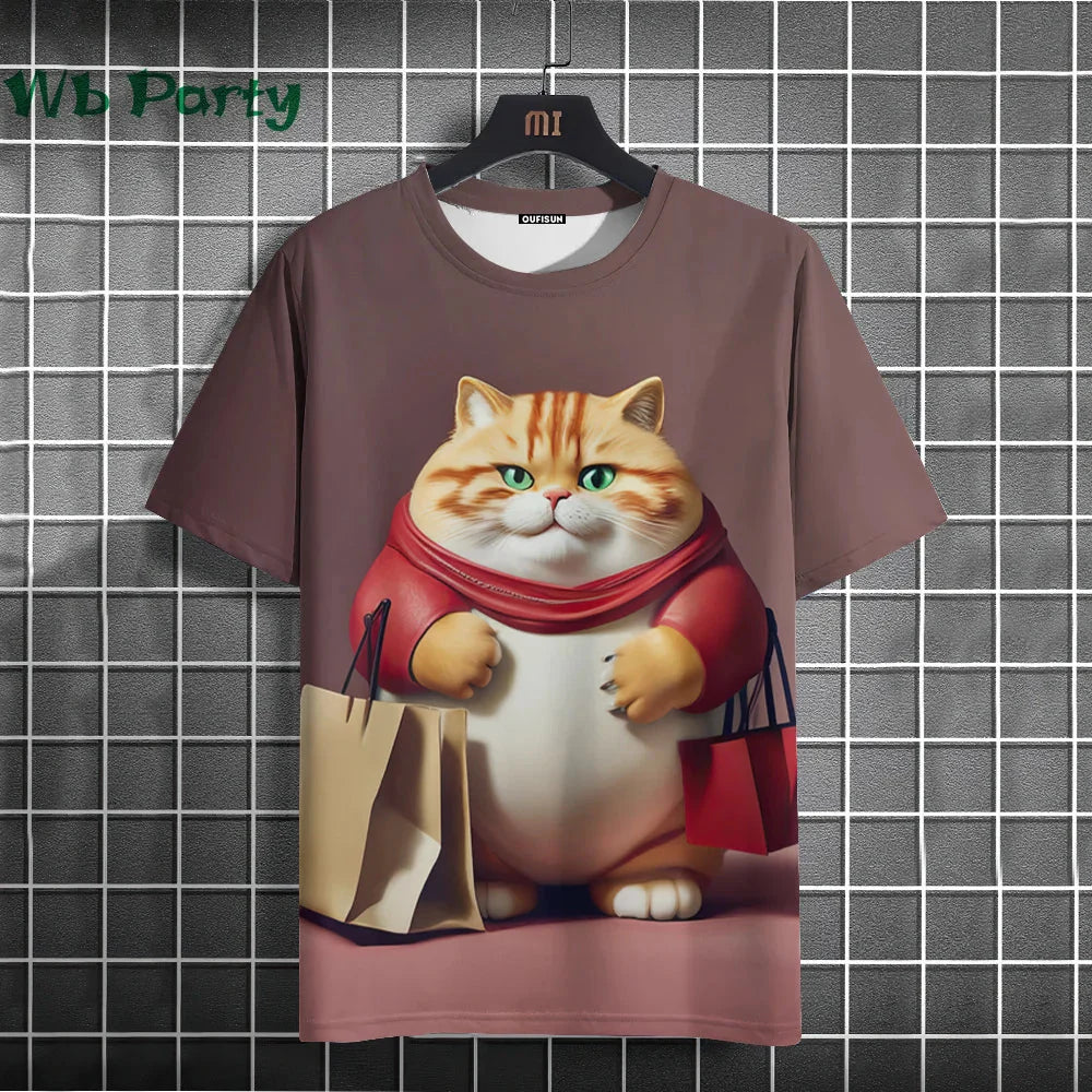 Y2K cat print graphic T-shirt by Plush Fashion Hub, streetwear style with vibrant cat design on a casual shirt.