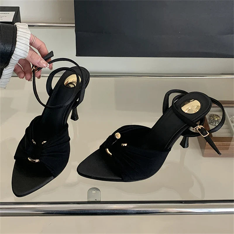 LadyShow.Store Eilyken summer fashion thin heels with pleated hollow-out design, buckle strap, pointed toe, available in 6cm and 9cm heel heights.