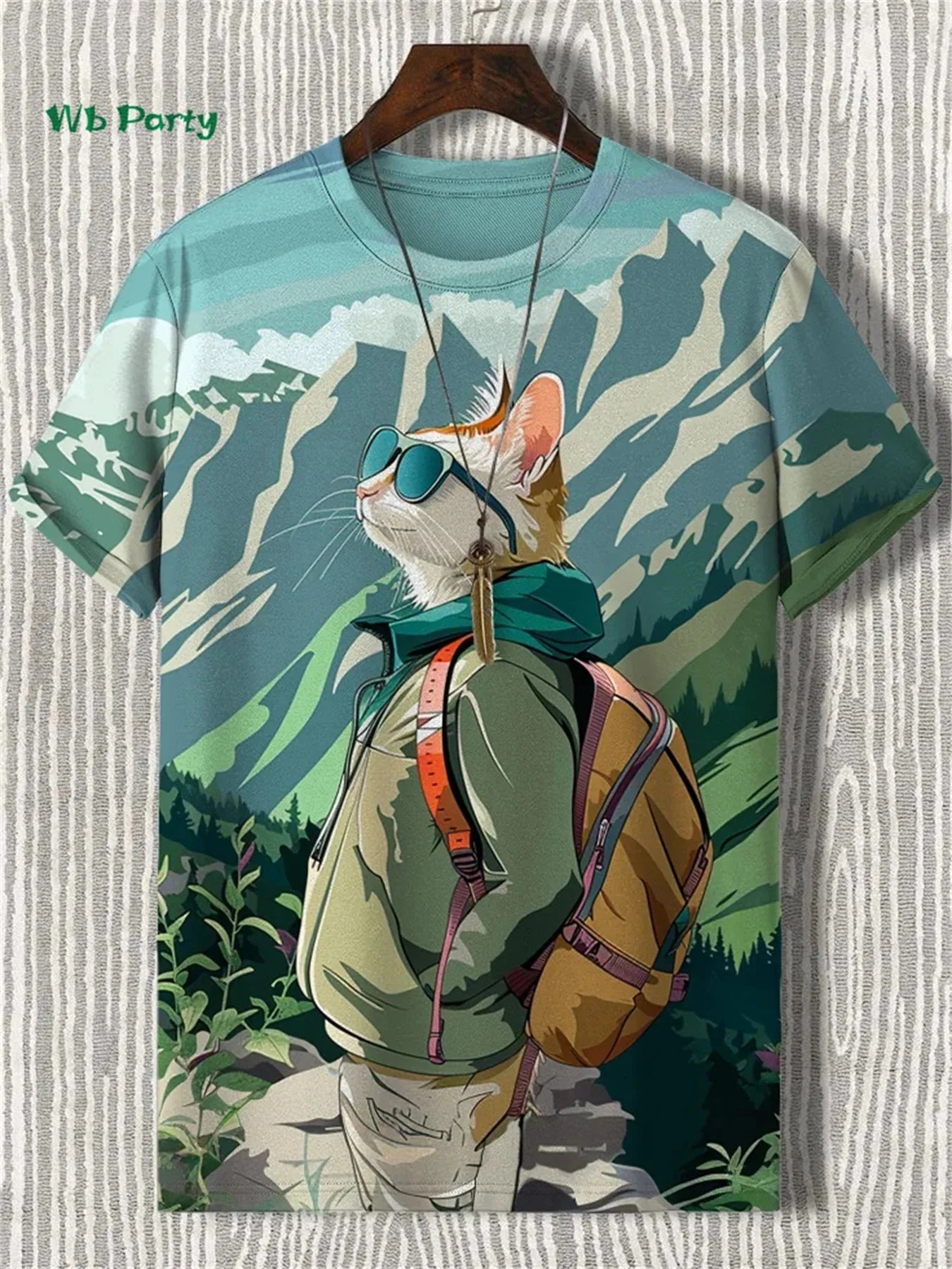 Colorful 3D travel cat print T-shirt from Plush Fashion Hub, featuring playful summer streetwear design with vibrant feline graphics.