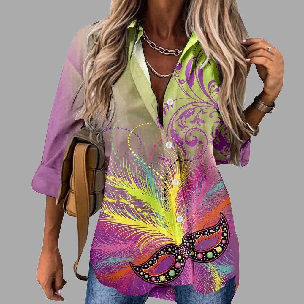Mardi Gras women's V-neck long sleeve carnival print shirt by FitiqueFit, featuring colorful festive patterns for casual wear.