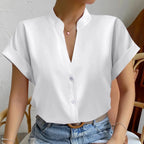 Elegant beige satin V-neck short sleeve shirt for women by Plush Fashion Hub, perfect for casual summer wear.