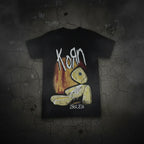 Korn 'Issues' graphic T-shirt by FitiqueFit, unisex streetwear with bold band artwork on a black fabric background.