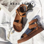 BeauToday women's summer gladiator sandals with calfskin leather, open toe T-strap, hook and loop closure, handmade.
