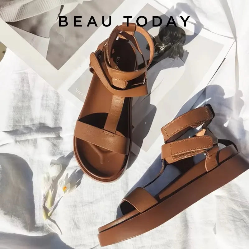 BeauToday women's summer gladiator sandals with calfskin leather, open toe T-strap, hook and loop closure, handmade.