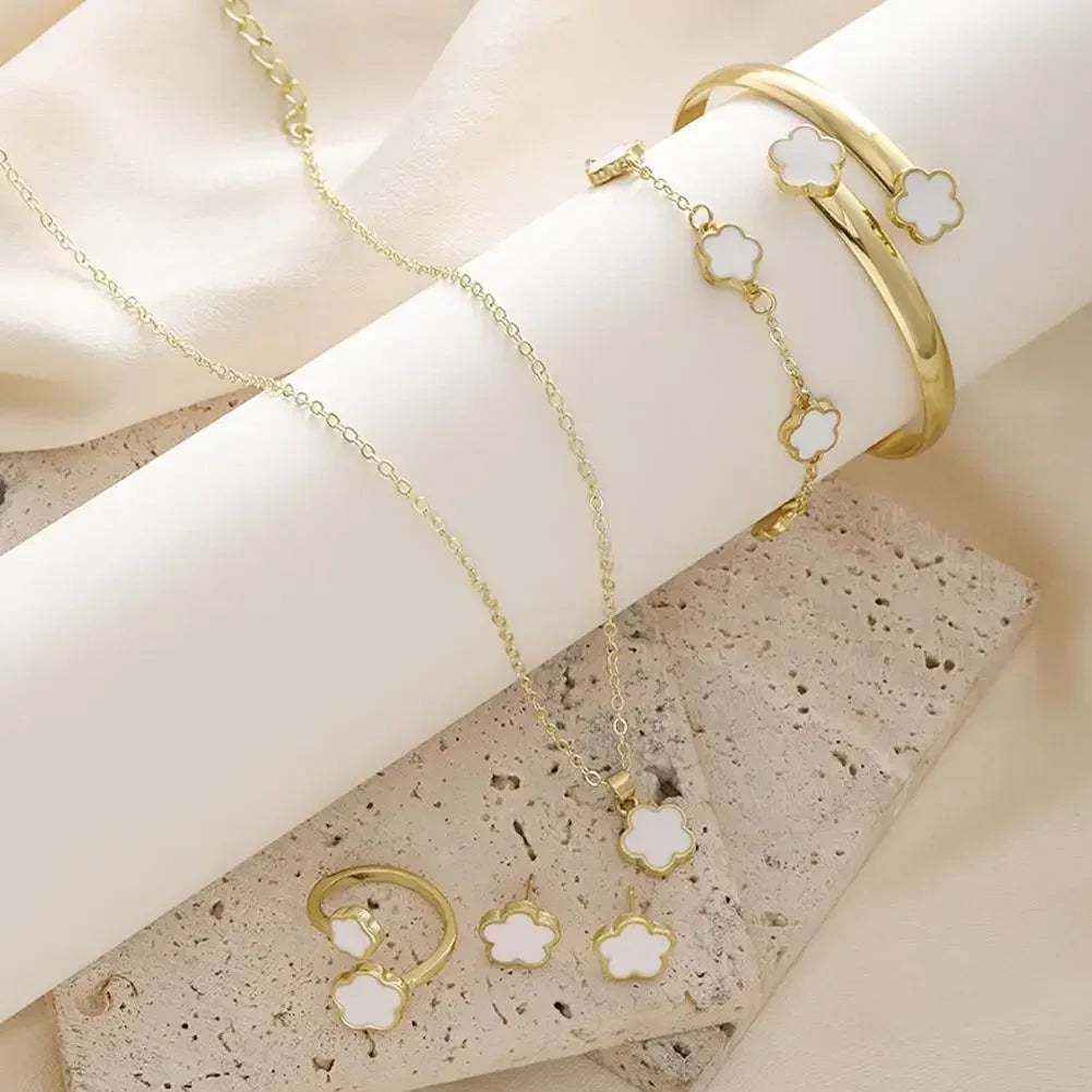 Plum Blossom Plant necklace and earring set featuring five leaf flower charms, jewelry set from Plush Fashion Hub.