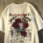 Pure cotton streetwear T-shirt by FitiqueFit featuring a retro skull print on a black background.