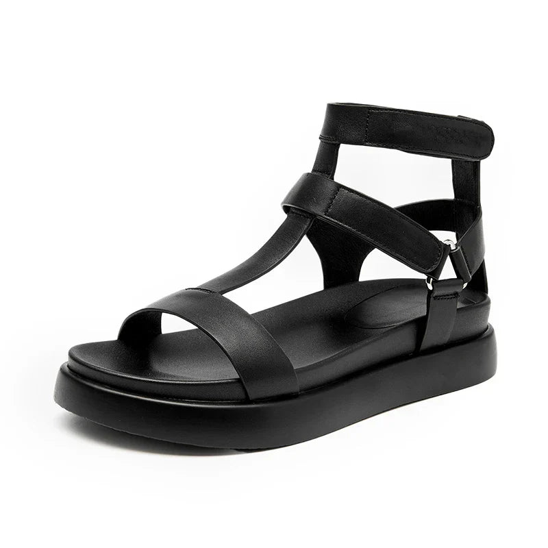 BeauToday women's summer gladiator sandals made of calfskin leather with open toe, T-bar strap, and hook & loop closure.