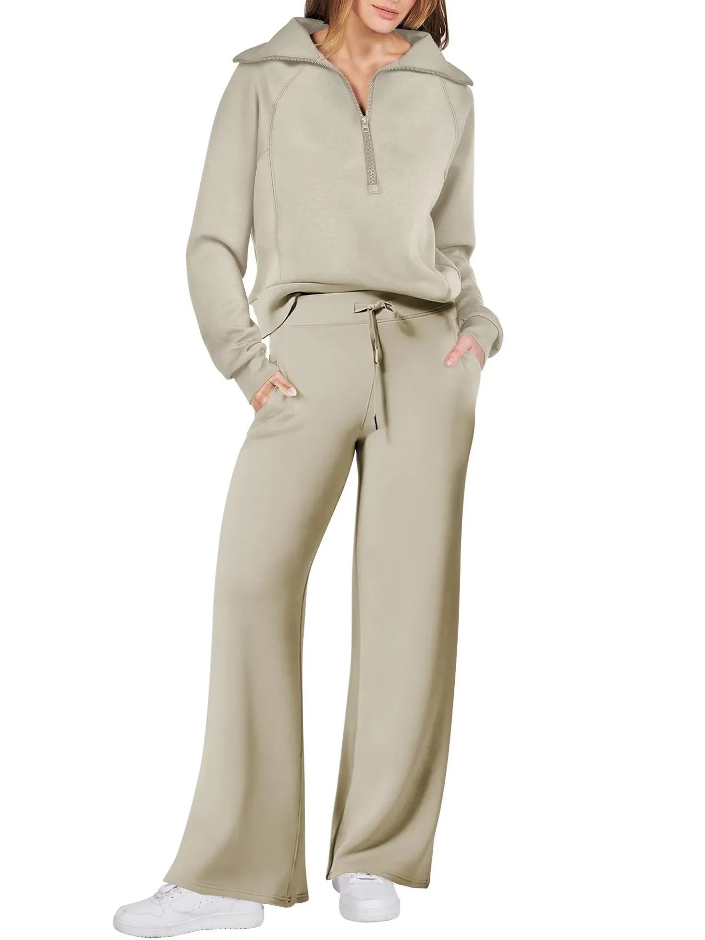 Women two-piece sweatshirt and wide-leg pants set from Plush Fashion Hub, featuring a comfortable sweatshirt and stylish wide-leg pants.