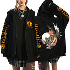 Unisex Haikyuu!! Karasuno High School zip-up hoodie featuring anime streetwear style, with Karasuno logo and black and orange design.