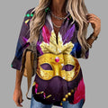 Mardi Gras women's V-neck long sleeve carnival print shirt by FitiqueFit featuring festive colorful patterns and casual style.